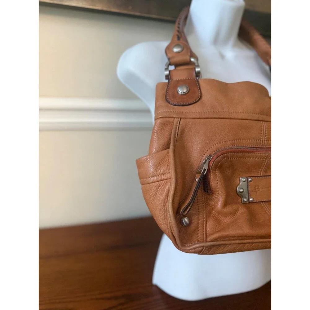 B Makowsky Tan Leather Leopard Interior Shoulder Bag Y2K